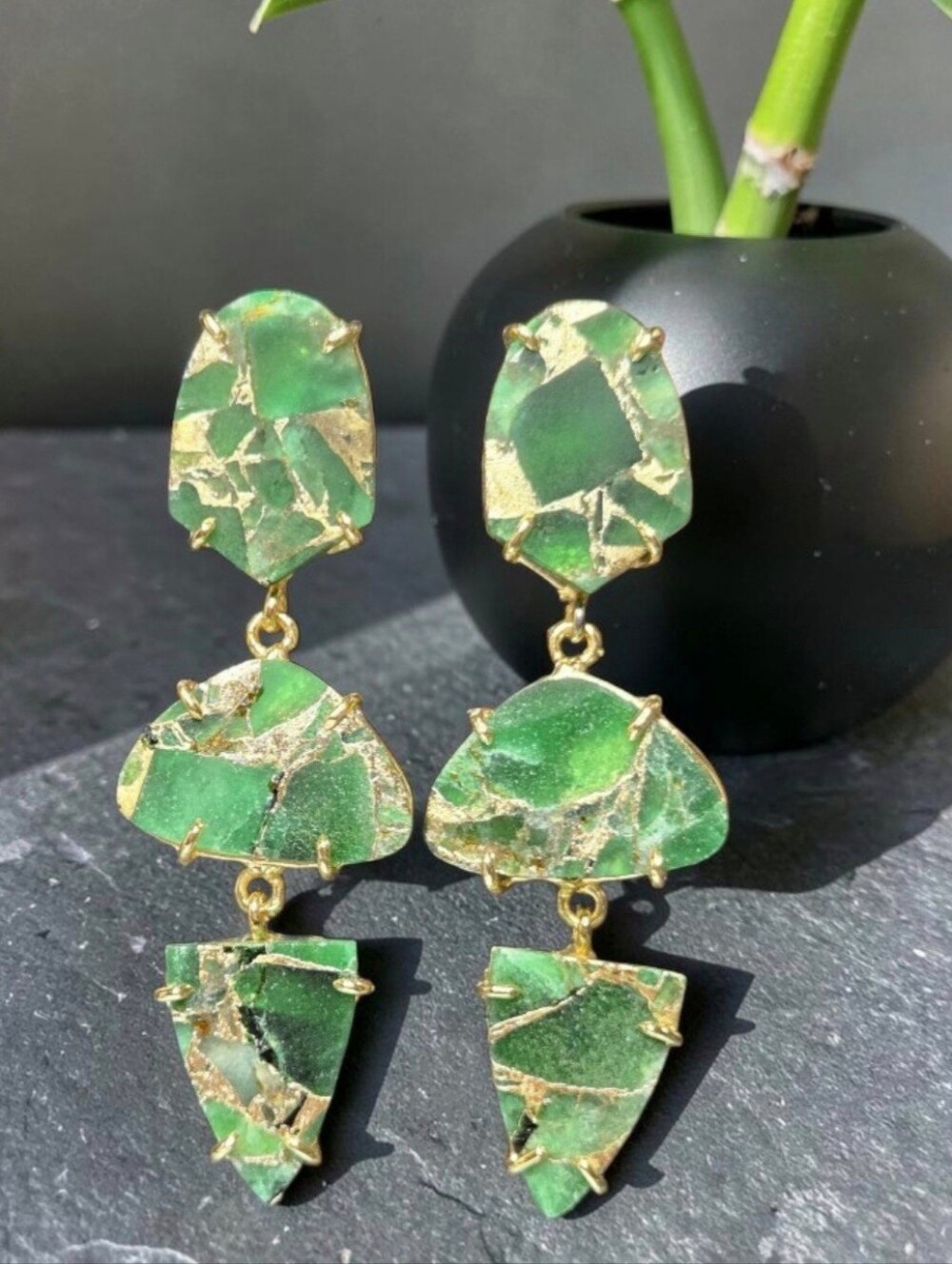 18k Gold Plated Artisan Genuine Mohave Green Turquoise Geometric Dangle Earrings
